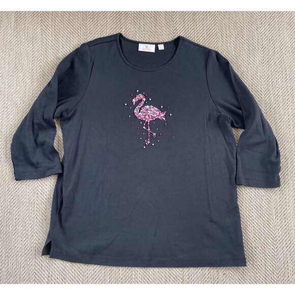 Quacker Factory Rhinestone Pullover Top Flamingo Bird Design Size Large Black - Picture 1 of 4